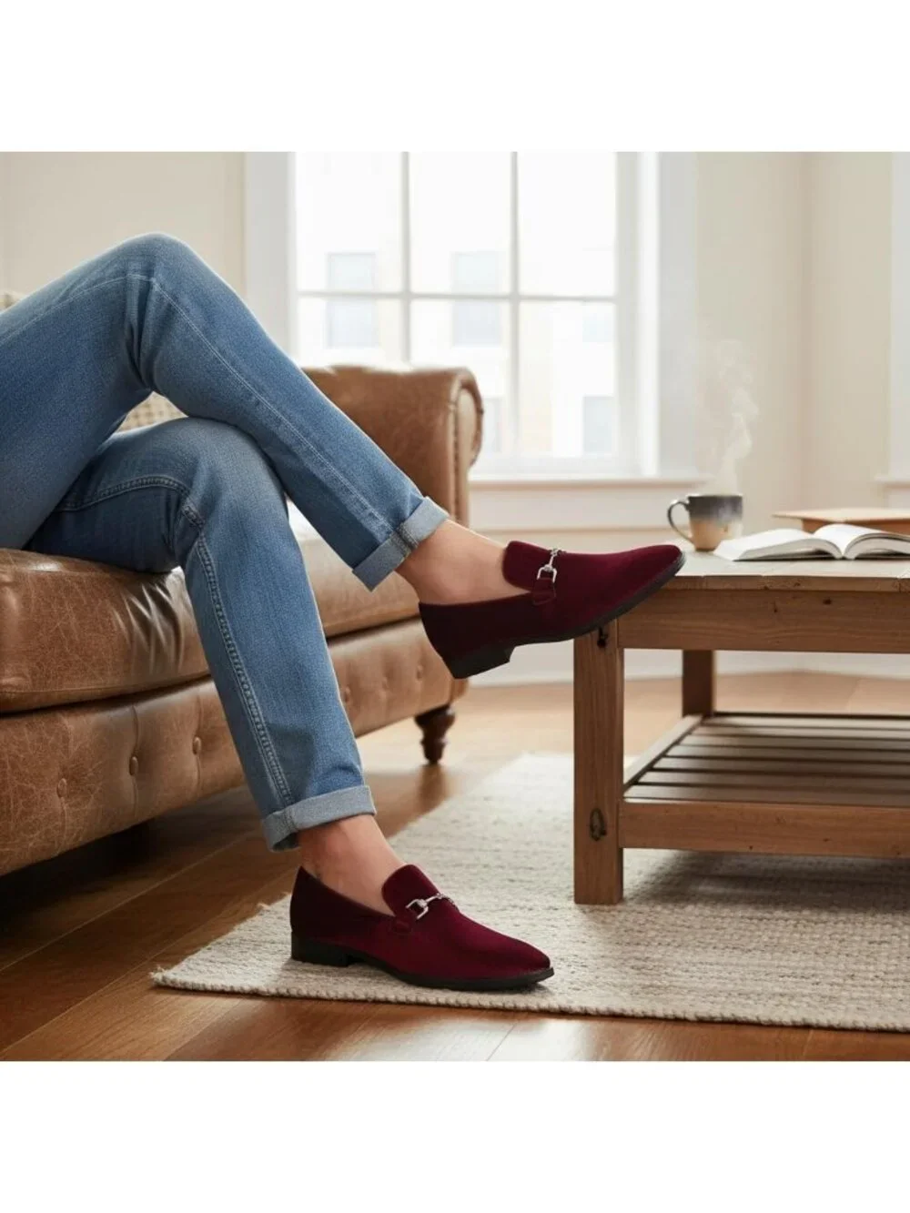 Men's Burgundy Red Velvet Business Party Prom Formal Dress Shoes Loafers